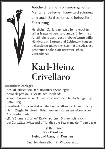 Traueranzeige von Karl-Heinz Crivellaro von Südthüringer Presse