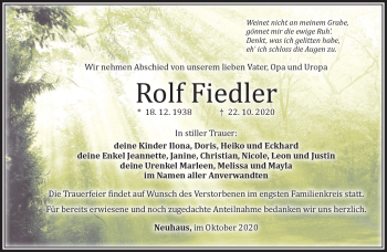 Traueranzeige von Rolf Fiedler von Südthüringer Presse
