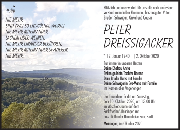 Traueranzeige von Peter Dreißigacker von Südthüringer Presse