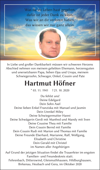 Traueranzeige von Hartmut Höfner von Südthüringer Presse