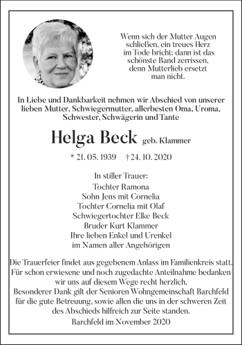 Traueranzeige von Helga Beck von Südthüringer Presse