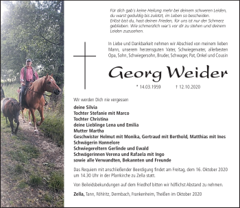 Traueranzeige von Georg Weider von Südthüringer Presse