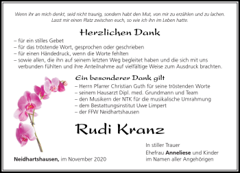 Traueranzeige von Rudi Kranz von Südthüringer Presse