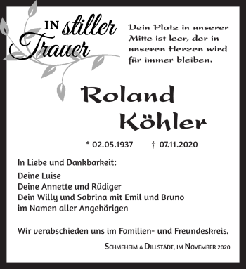 Traueranzeige von Roland Köhler von Südthüringer Presse