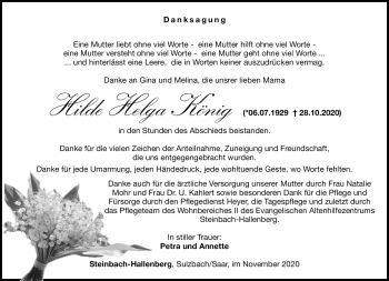 Traueranzeige von Hilde König von Südthüringer Presse
