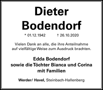 Traueranzeige von Dieter Bodendorf von Südthüringer Presse