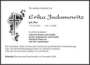 Traueranzeige von Erika Jadamowitz von Südthüringer Presse