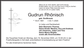 Traueranzeige von Gudrun Rhönisch von Frankenpost
