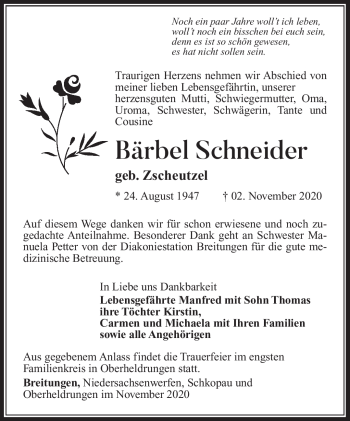 Traueranzeige von Bärbel Schneider von Südthüringer Presse