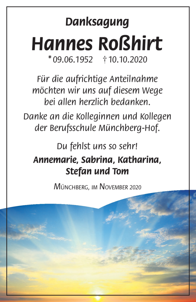  Traueranzeige für Hannes Roßhirt vom 21.11.2020 aus Frankenpost