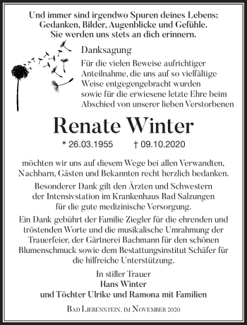 Traueranzeige von Renate Winter von Südthüringer Presse