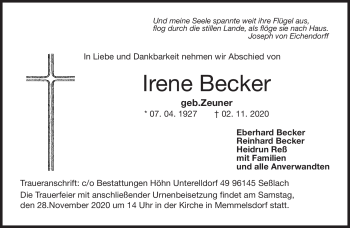 Traueranzeige von Irene Becker von Neue Presse Coburg