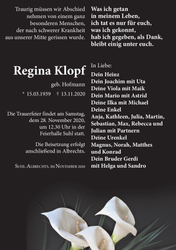 Traueranzeige von Regina Klopf von Südthüringer Presse