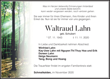 Traueranzeige von Waltraud Lahn von Südthüringer Presse