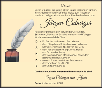 Traueranzeige von Jürgen Coburger von Südthüringer Presse