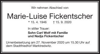 Traueranzeige von Marie-Luise Fickentscher von Frankenpost