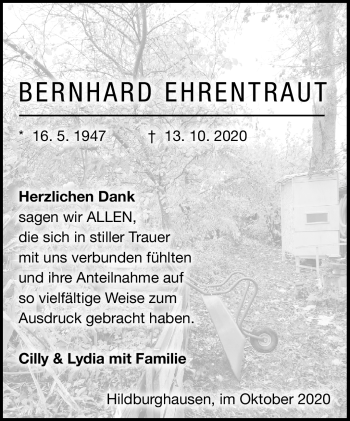 Traueranzeige von Bernhard Ehrentraut von Südthüringer Presse