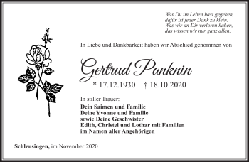 Traueranzeige von Gertrud Panknin von Südthüringer Presse