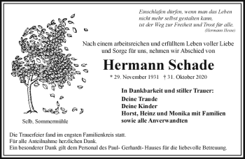 Traueranzeige von Hermann Schade von Frankenpost