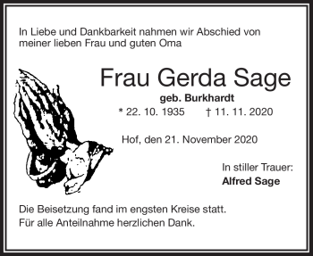 Traueranzeige von Gerda Sage von Frankenpost