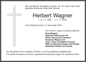 Traueranzeige von Herbert Wagner von Frankenpost