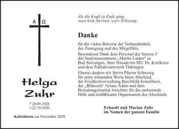 Traueranzeige von Helga Zuhr von Südthüringer Presse