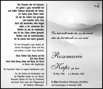 Traueranzeige von Rosemarie Kaps von Südthüringer Presse