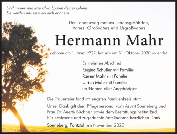 Traueranzeige von Hermann Mahr von Südthüringer Presse