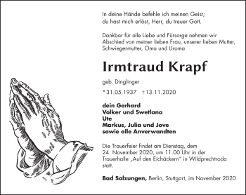 Traueranzeige von Irmtraud Krapf von Südthüringer Presse