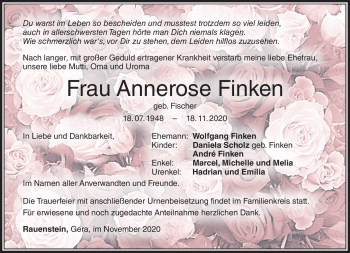 Traueranzeige von Annerose Finken von Südthüringer Presse