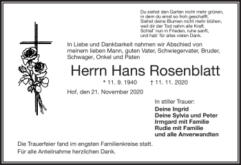 Traueranzeige von Hans Rosenblatt von Frankenpost