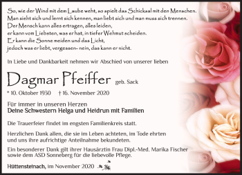 Traueranzeige von Dagmar Pfeiffer von Südthüringer Presse