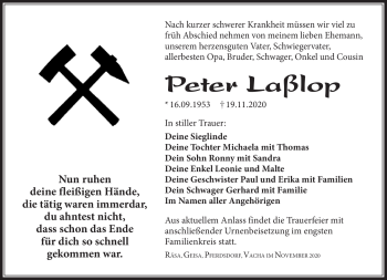 Traueranzeige von Peter Laßlop von Südthüringer Presse