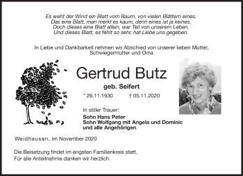 Traueranzeige von Gertrud Butz von Neue Presse Coburg