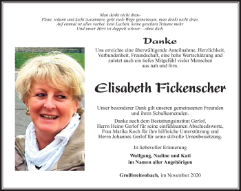 Traueranzeige von Elisabeth Fickenscher von Südthüringer Presse