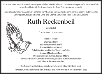 Traueranzeige von Ruth Reckenbeil von Südthüringer Presse