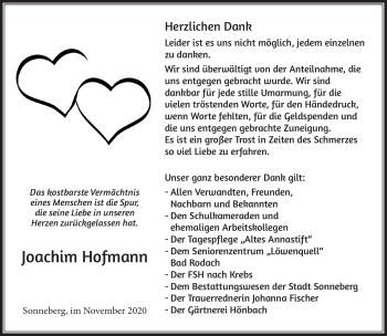 Traueranzeige von Joachim Hofmann von Südthüringer Presse