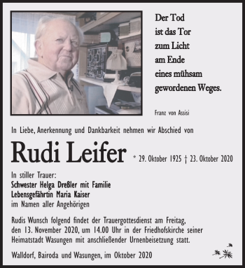Traueranzeige von Rudi Leifer von Südthüringer Presse