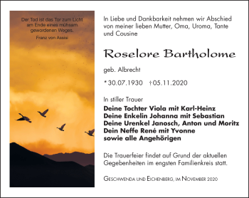 Traueranzeige von Roselore Bartholome von Südthüringer Presse