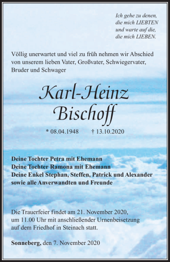 Traueranzeige von Karl-Heinz Bischoff von Südthüringer Presse