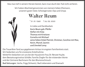 Traueranzeige von Walter Reum von Südthüringer Presse