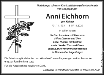 Traueranzeige von Anni Eichhorn von Südthüringer Presse