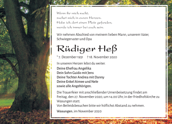 Traueranzeige von Rüdiger Heß von Südthüringer Presse