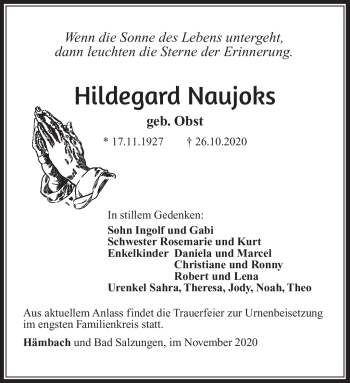 Traueranzeige von Hildegard Naujoks von Südthüringer Presse