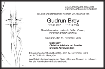 Traueranzeige von Gudrun Brey von Frankenpost