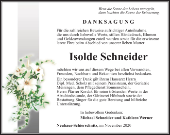 Traueranzeige von Isolde Schneider von Südthüringer Presse