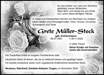 Traueranzeige von Grete Müller-Stock von Südthüringer Presse