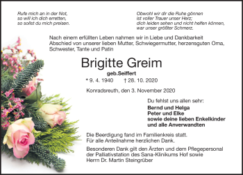 Traueranzeige von Brigitte Greim von Frankenpost