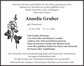 Traueranzeige von Annelie Gruber von Südthüringer Presse