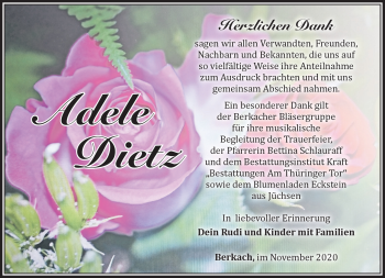 Traueranzeige von Adele Dietz von Südthüringer Presse
